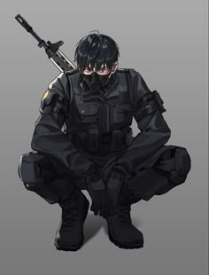 an anime character sitting on the ground with a knife in his hand and wearing black