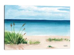 a watercolor painting of the beach with grass and blue sky in the foreground