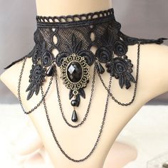 Gothic Victorian Black Lace Choker Necklace Tassel Chain Steampunk Cosplay Ln011 Black Lace Necklace, Black Lace Choker Necklace, Gothic Choker Necklace, Lace Skull, Black Lace Choker, Lace Choker Necklace, Crystal Lace, Gothic Chokers, Black Lace Shorts