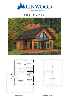 the floor plan for a log cabin with two levels and an open living area,