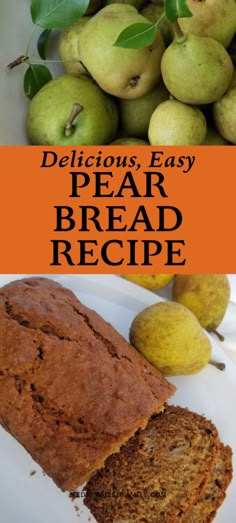 a loaf of bread on a plate with pears in the background