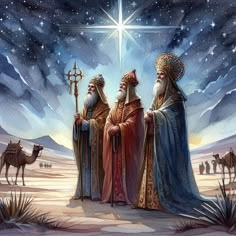 three wise men standing in front of the star of david, with camels nearby