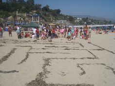 many people are standing on the beach and some have drawn squares in the sand to spell out their names