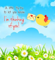 a yellow bird flying through the air with an envelope in it's mouth and daisies on the ground