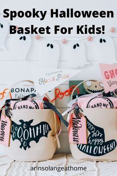 two halloween baskets with the words spooky halloween basket for kids written on them