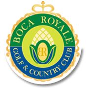 the roca royale golf and country club logo is shown in green, yellow and blue