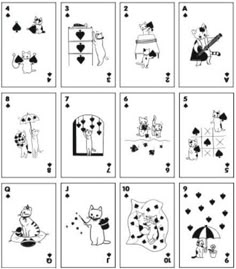 playing cards with animals and hearts on them, all in black and white inks