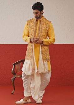 Yellow Kurta Set With Duppata Kalpraag - Fabilicious Fashion Haldi Dress Groom, Dhoti Outfit Men, Art Silk Bandhgala With Chikankari Embroidery For Festive Occasion, Festive Art Silk Bandhgala With Chikankari Embroidery, Festive Bandhgala With Chikankari Embroidery For Designer Wear, Semi-stitched Chanderi Bandhgala For Transitional Season, Yellow Chanderi Sherwani With Resham Embroidery, Embroidered Chanderi Bandhgala With Traditional Drape, Yellow Sherwani With Resham Embroidery In Chanderi