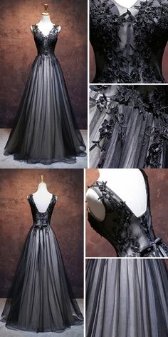 CHIC A-LINE V-NECK FLOOR LENGTH TULLE BLACK APPLIQUE LONG Prom Dresses Wedding Dress Black, Prom Dress Evening, Gothic Wedding, Black Wedding Dresses, Tulle Prom Dress, Linnet, Halloween Wedding