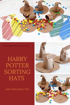 harry potter sorting hats and printable ties for kids to make with construction paper, cardboard