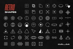 a bunch of different shapes and sizes on a black background with the words retro shapes