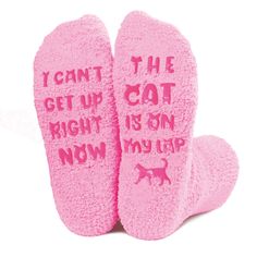 PRICES MAY VARY. 🐾Fuzzy Cat Socks: These light pink fuzzy socks feature cute kitten pattern, cute cat ear design letters on the bottom and funny sayings "I CAN'T GET UP RIGHT NOW. THE CAT IS ON MY LAP"(Onesize fits most).😻 😺 Cat Gifts for Cat Lovers: Our novelty socks are perfect CAT gifts for cat lovers, cat moms, cat ladies, cat owners, and grandmas.🎁They make funny gifts for moms and grandmas on special occasions like birthdays,Valentine's Day,Mother's Day.🎉 🎁Perfect size and material: Cozy Pink Socks For Gifts, Pink Cat Design Shoulder Bag Gift, Pink Fuzzy Socks, Valentine's Day Gift Necklace With Cat Design, Cute Winter Socks With Cat Design, Cute Cat Design Socks For Winter, Fluffy Socks, Cat Socks, Dog Socks