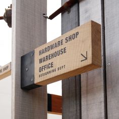 a sign on the side of a building stating that hardware shop warehouse office is open