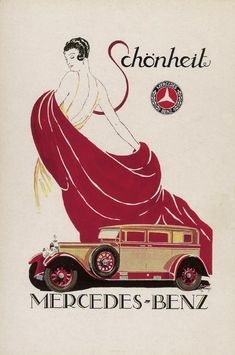 an advertisement for the mercedes benz automobile company shows a woman in a long red dress