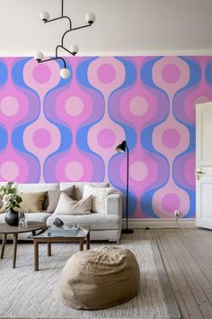 Retro vintage 70s geometry pattern wallpaper on happywall.com Retro Wallpaper Peel And Stick, Retro Feature Wall, Adult Apartment Decor, Colorful Retro Aesthetic, 70s Wall Mural, Retro Mural, Hallway Decorations, Groovy Room, Pink Kitchens