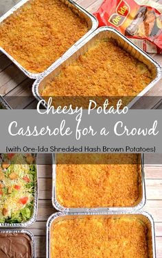 four pans filled with cheese potato casserole for a crowd