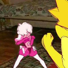 an animated image of a woman in pink and yellow