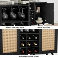 the side view of a black cabinet with wine glasses on it