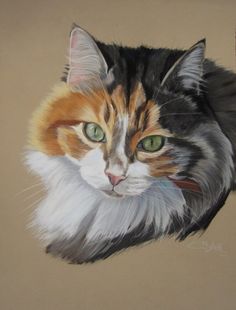 a painting of a cat with green eyes