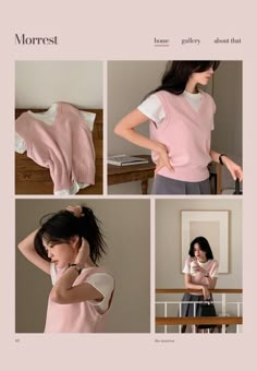 the woman is wearing a pink sweater and grey pants, while she has her hands on her hair