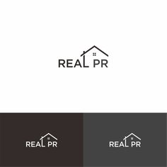 the real pr logo is shown in black and white, with an image of a house behind it