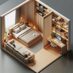 an overhead view of a bedroom with a bed, couch and computer desk in it