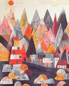 an art work with mountains and houses painted on it's sides in orange, red, yellow and grey colors