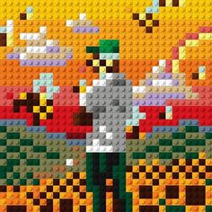 a man standing in front of a colorful background made out of legos and blocks