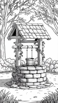 a black and white drawing of a well in the middle of a park with trees