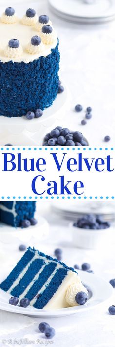 blue velvet cake with white frosting and blueberries