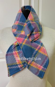 Blue Pink Scarf, Diagonal Plaid Neck Warmer Scarf, Keyhole Pull-Through Scarf, Short Winter Scarf, #etsy Scarf Keyhole, Hand Mobility, Keyhole Scarf, Fleece Projects, Fleece Scarf, Pink Scarf, Pink Scarves, Pull Through, Warm Scarf