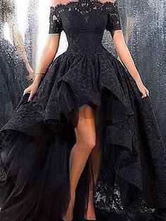 Black Wedding Dresses Short, Black Wedding Dress Short, Wedding Dress Short Front Long Back, Sus Stuff, Black Lace Wedding, Black Lace Prom Dress, Sweep Train Prom Dress, Evening Dresses Online, Dresses Formal Elegant