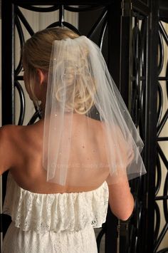 the back of a bride's dress with a veil on her head