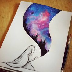 a drawing of a woman looking at the stars