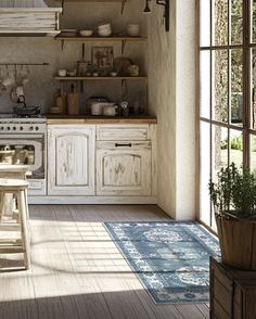 an old fashioned kitchen with white cabinets and blue rug on the floor in front of it