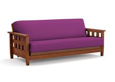 a wooden futon with purple fabric on the top and bottom, in front of a white background