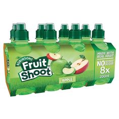 six bottles of fruit shoot apple juice with green apples in the front and on the back