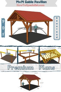 the plans for a wooden gazebo are shown in three different views, including one with a