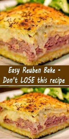 two pictures of reuben bake on a plate with lettuce in the background