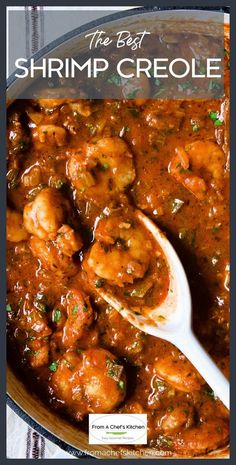 shrimp and gravy in a skillet with a spoon