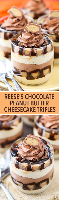 desserts with chocolate and peanut butter on top are shown in three different pictures, one is