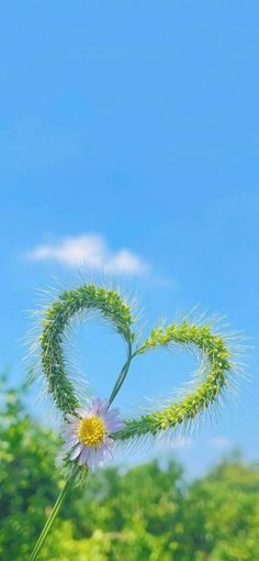 a dandelion shaped like a heart with a flower in the foreground and trees in the background