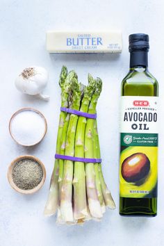 asparagus, garlic, and other ingredients to make an avocado oil recipe