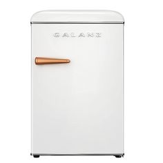 a white refrigerator with a copper handle on it's door and the word galanzo written in gold