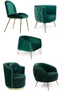 four green velvet chairs with gold legs and footrests, all in different positions