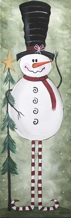 a painting of a snowman wearing a top hat and striped stockings, holding a star