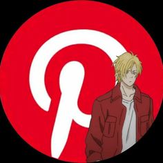 an anime character standing in front of a pin logo