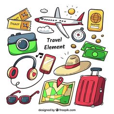 travel elements are grouped together in this hand drawn doodle style illustration, which includes an airplane, map, passport, sunglasses and other items