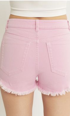 High waisted jean shorts frayed. Pink. Trendy Cotton High-waisted Jean Shorts, Chic High-waisted Jean Shorts With Frayed Hem, Pink High-waisted Cotton Jean Shorts, Trendy Jean Shorts With Short Legs For Spring, High-waisted Jeans Shorts With Frayed Hem, Cotton Shorts With Frayed Hem, Summer Cotton Shorts With Frayed Hem, Spring Bottoms With Frayed Hem, Short Length, Trendy Short Bottoms With Frayed Hem