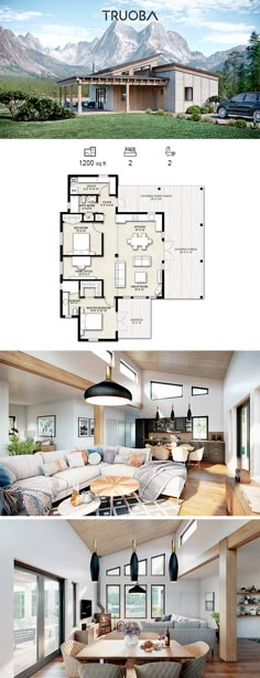 the floor plan for this modern house is shown in three different views, including an open living